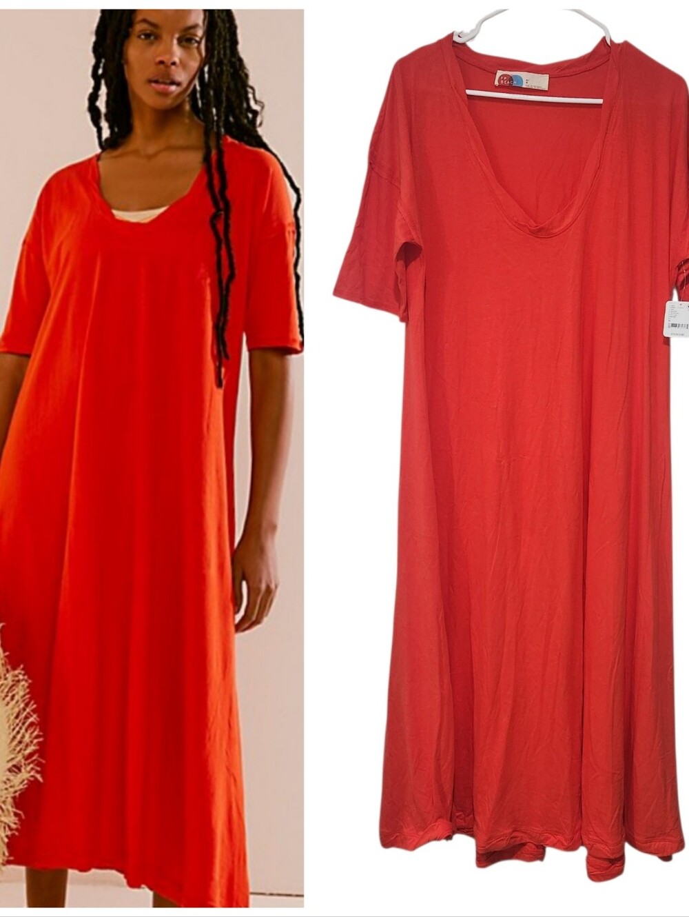 Free People Carter T-Shirt Red Orange U Neck Cotton Maxi Dress Half SleeveSize M
